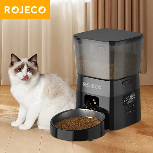 Rojeco Alimentador Automático Pet, Versão Botão, Auto Cat Food Dispenser, Dog Dry Food Acessórios, Controle inteligente