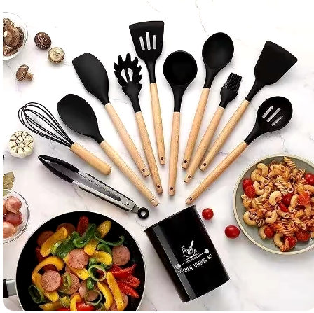 Jogo de Cozinha Kit C/12 Peças de Silicone, Utensílios e Copo Suporte para Cozinha Cabo de Madeira Su