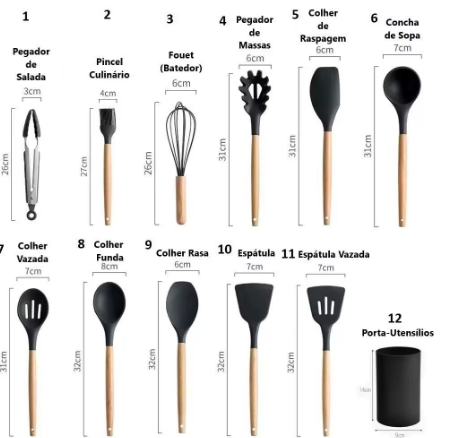 Jogo de Cozinha Kit C/12 Peças de Silicone, Utensílios e Copo Suporte para Cozinha Cabo de Madeira Su